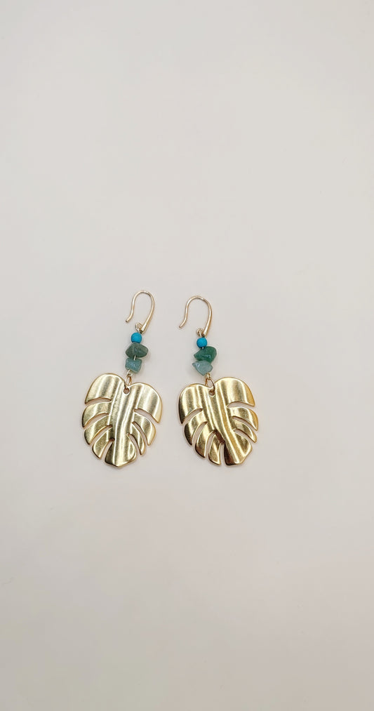 Aretes Hoja de Monstera Tropical – Chapa de Oro 14K