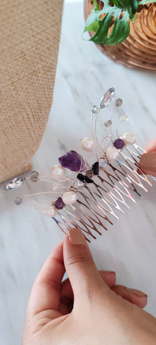 Peineta Amatista Bruta – Perlas & Cristales